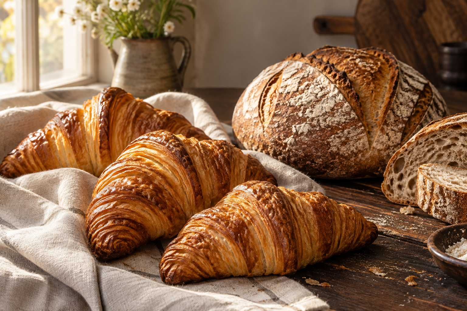 Golden croissants and artisan sourdough in warm morning light