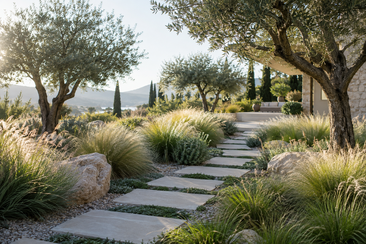 A thoughtfully planted garden with a stone path and ornamental grasses